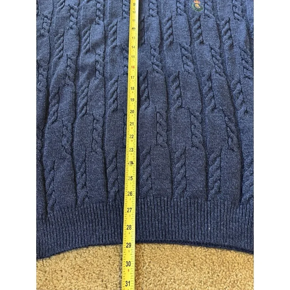 CHAPS RALPH LAUREN VTG Blue Cable Knit Sweater Chunky Crest Logo Cotton USA L